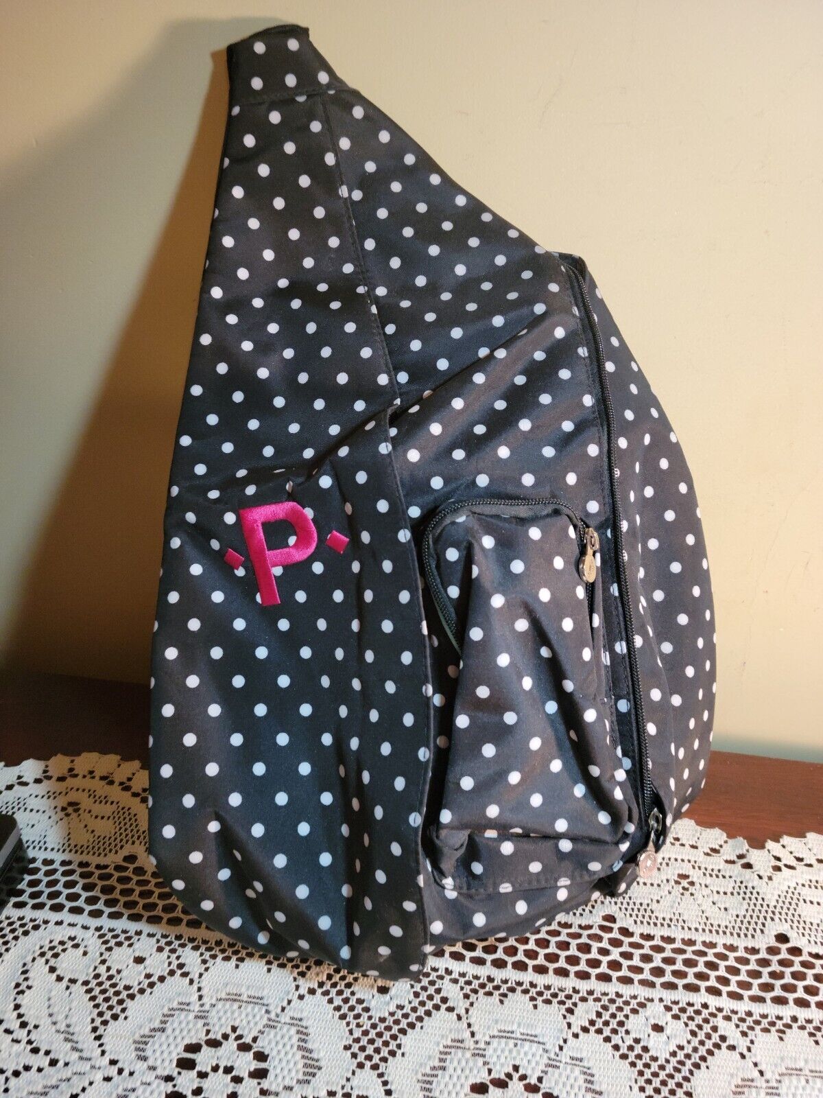 Initials Inc. Sling Backpack Black White Pin Dot Teal Turquoise Interior "P"