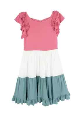 Rare Editions Girls Size 12 Colorblock Pink White Turquoise Ruffle Sleeve Dress