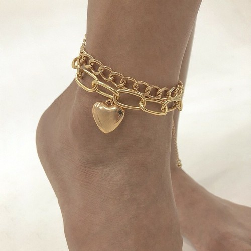 Gold Chunky Heart Curb Anklet Ankle 