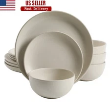 12 Piece Stoneware Dinnerware Set 4 Dishwasher Microwave Safe Coupe Design Cream