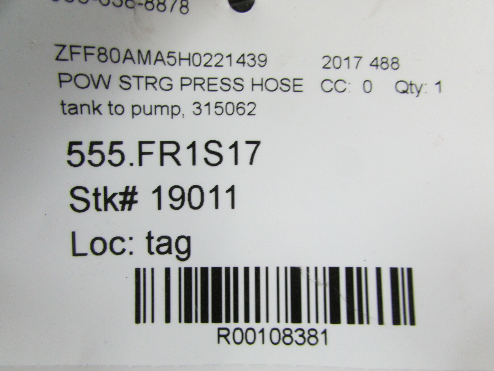 Ferrari 488, Power Steering Tank to Pump Hose, Used, P/N 315062