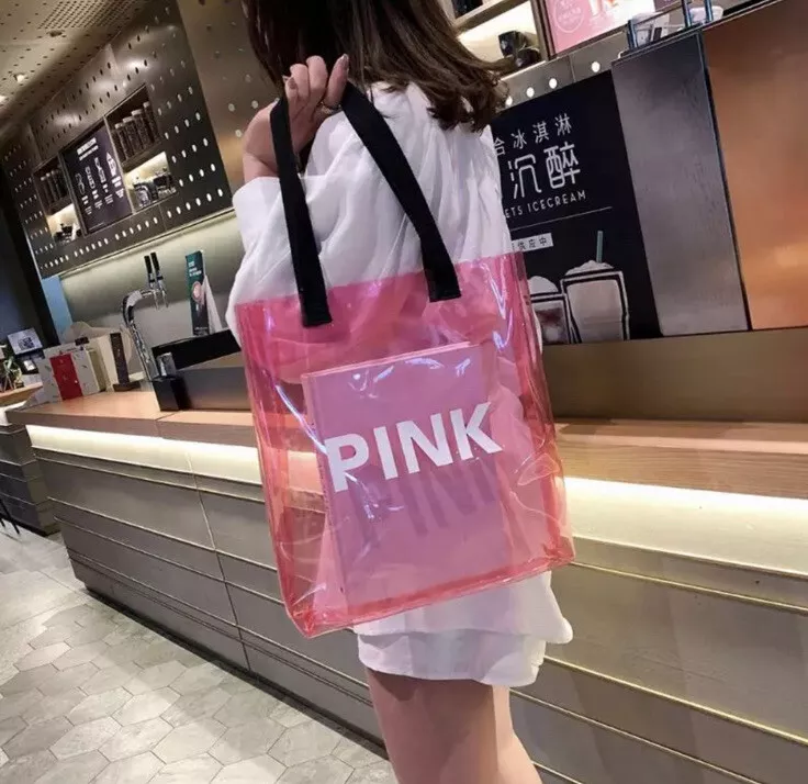 Tote jelly pvc PINK Bag transparent clear beach shopping book skinny handbag