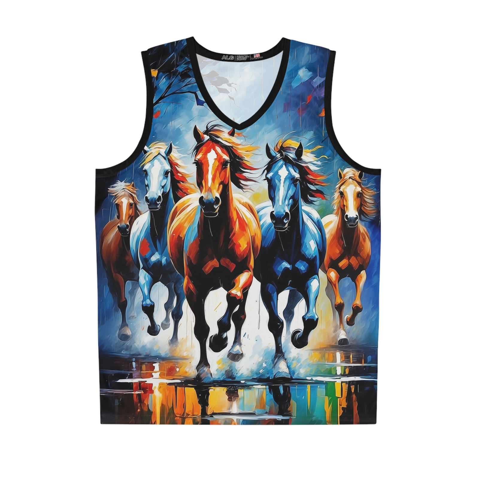 PONY Maglia smanicata arte indossabile cavalli che corrono sotto la pioggia (AOP)
