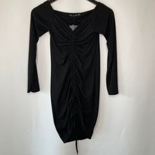 PrettyLittleThing Black Ribbed Bardot Ruched Bodycon Dress Size 8
