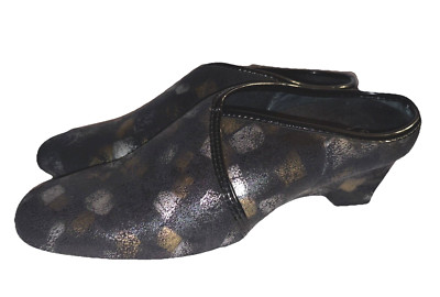 Helle Comfort Black / Metallic Abstract Semi Wedge Mule Heels Shoes Sz 38/ 7.5-8