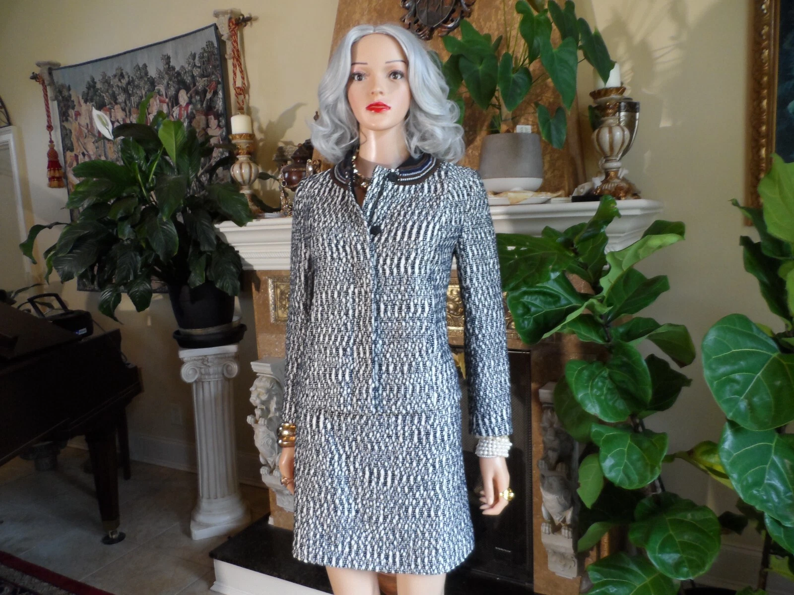 Nuova tuta Tory Burch bianca e nera cotone boucle maglia gonna con collo all'uncinetto taglia 4