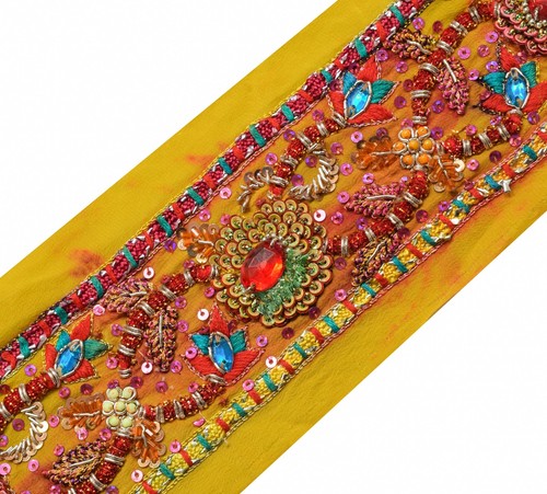 Sushila Vintage Yellow Saree Border Indian Craft Sewing Trim Hand Beaded Ribbon - Picture 3 of 5