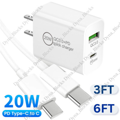 For Android Samsung Type C Cable QC 3.0 PD 20W Fast Charger Power Adapter Block
