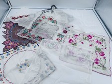 Lot Of 8 Vintage Handkerchiefs Napkins Cloths Fabric Floral HandMade Rolled Hems