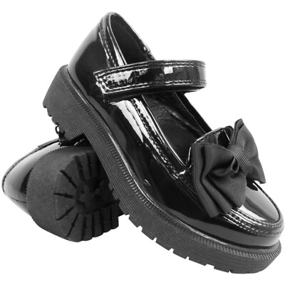 GIRLS KIDS CHUNKY BLOCK BOW MARY JANE TOUCH STRAP PUMPS DOLLY SCHOOL SHOES  SIZE UK