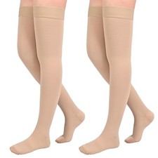 2Pairs Ktinnead 20-30mmHg Thigh High Compression Stockings S, Close Toe-Beige