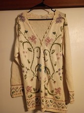 Liz Claiborne Women's Vtg. Hand Knitted cotton Floral Cardigan Grandma Size S
