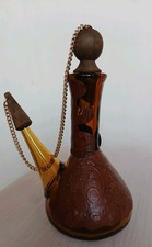 Amber Glass Porron With Leather Wrap Spanish Wine Pourer Oil Vinegar Wooden Stop