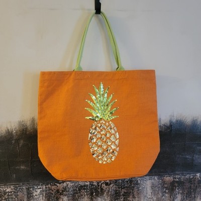 Olive & Hill Orange Tote Bag Green Double Handles Sequin Pineapple Inner Pockets