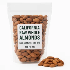 California Fresh Raw Almonds 1lb Bag – Non-GMO, Healthy Snack, Vegan, Keto-Frien