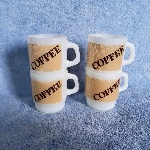Vintage Anchor Hocking Stacking Coffee Mug Set Milk Glass Burlap Sack MCM USA