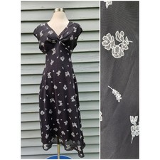 Vintage Y2K Jones Wear Dress Midi Black Floral Twist Front V-Neck Cap Sleeve 8