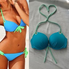 Victoria's Secret Swim Bombshell Add-2-Cups Bikini Top 34D Blue Green Push Up