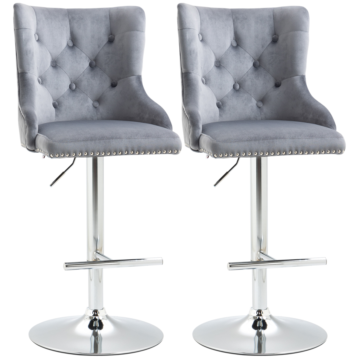 HOMCOM Adjustable Bar Stools Set of 2 Swivel Bar Chairs with Back Footrest Grey