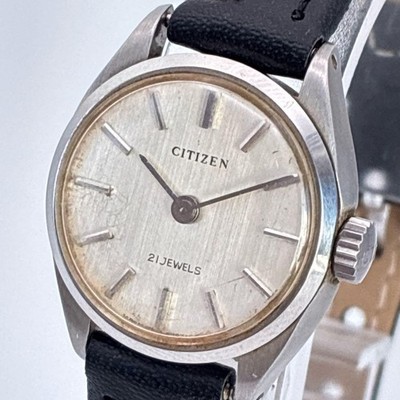 Citizen Hand Winding Wristwatch Womens Timepiece White Dial Black Band