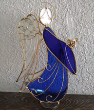 Vintage Stained Glass Halo Angel Votive Tea Light Candle Holder Blue Gold