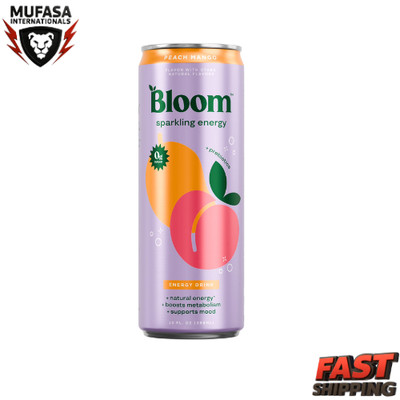 Bloom Nutrition Sparkling Energy Drink, Peach Mango, 12 fl oz Single Can