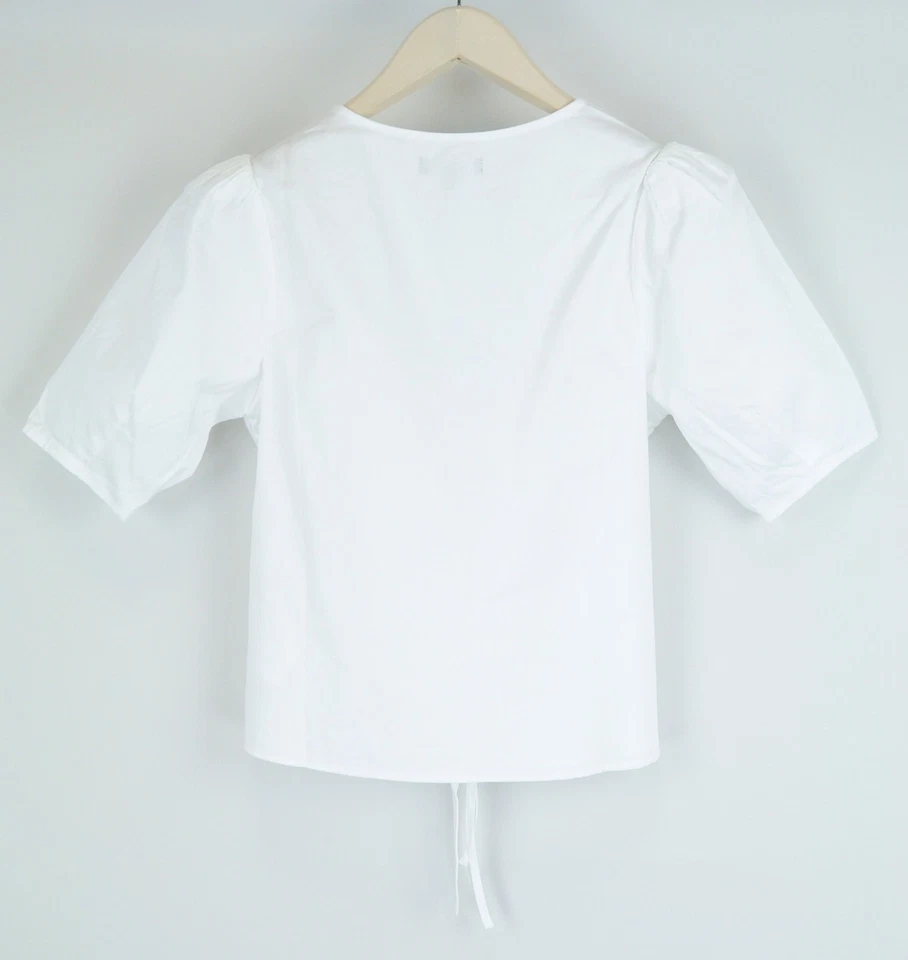 WHO WHAT WEAR Women Blouse S White Short Sleeve Tied Cotton Puff Round Neck * - Image 2 of 4