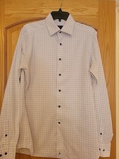 Mens White & Blue Checked Long Sleeve Shirt By David Donahue Size 16 36/37 Trim