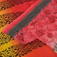 Sanskriti Vintage Sarees Red Yellow Pure Cotton Printed Sari 5 Yd Craft Fabric