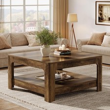 Square Coffee Table with Storage, 39.4-Inch Large Farmhouse Wooden Center Table