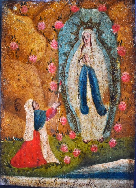 Antique 19th C. Spanish Colonial Painting/ Retablo on tin - Senora de Lourdes