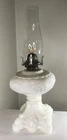 ANTIQUE VICTORIAN  OIL  KEROSENE WHALE  LAMP PRINCESS FEATHER WHITE MILK GLASS
