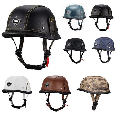 DOT German Style Open Face Half Leather Motorbike Helmet Scooter Biker Helmet