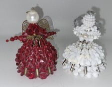 Vintage Pair Of Angel Handmade Beaded Safety Pin Ornaments 1 Red  1 White