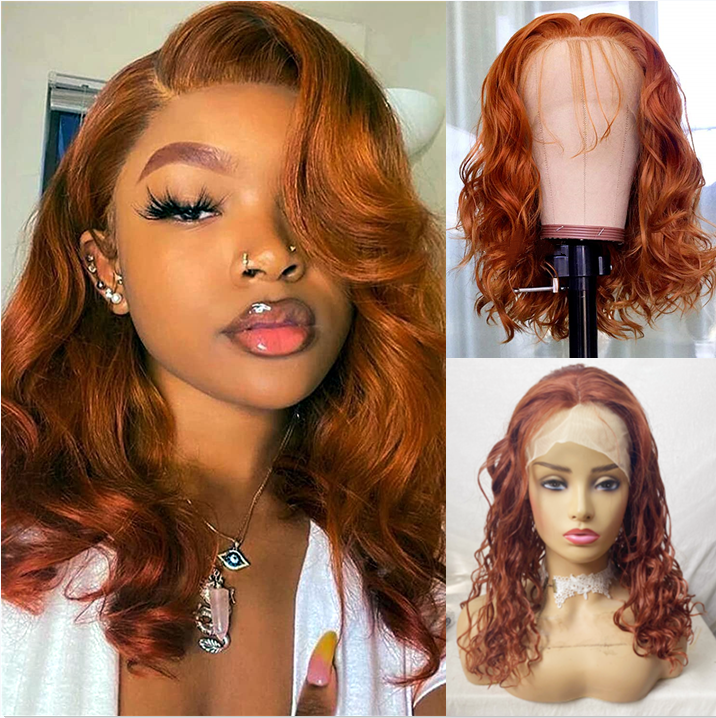 Water Wave Ginger Orange Lace Front Wigs Short Bob Curly  display picture 2
