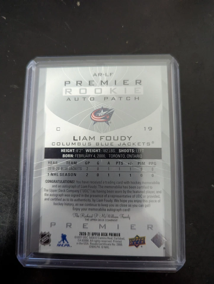 2020-21 Upper Deck Premier - Acetate Rookie Auto Patch #AR-LF Liam Foudy /149... - Image 2 of 2