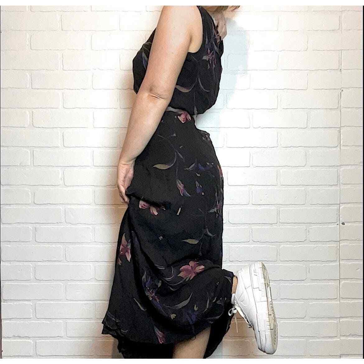 Vintage 90's Robbie Bee 100% Silk Floral Sleeveless Midi Dress 10