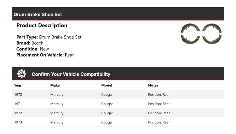 For 1970-1973 Mercury Cougar Bosch Drum Brake Shoe Set Rear 1971 1972 - Image 2 of 3