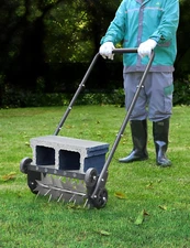 18 Inch Manual Lawn Aerator Tool with 4 Wheels and 5 Steel Spike Rollers