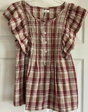 Max Studio Plaid Blouse Khaki Brown Burgundy Flutter Sleeve Fits Like Sz Small