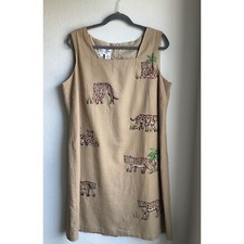 VTG Betsy Lauren Large linen Dress all over embroidered tigers Safari sleeveless