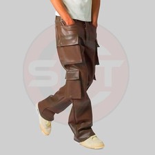 Men's Dark Brown Lambskin Leather Cargo Pants Classic Style Sides Cargo Pocket