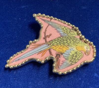 VTG Parrot Bird Broken China Art Jewelry Pendant / Brooch In One Signed Carrigan