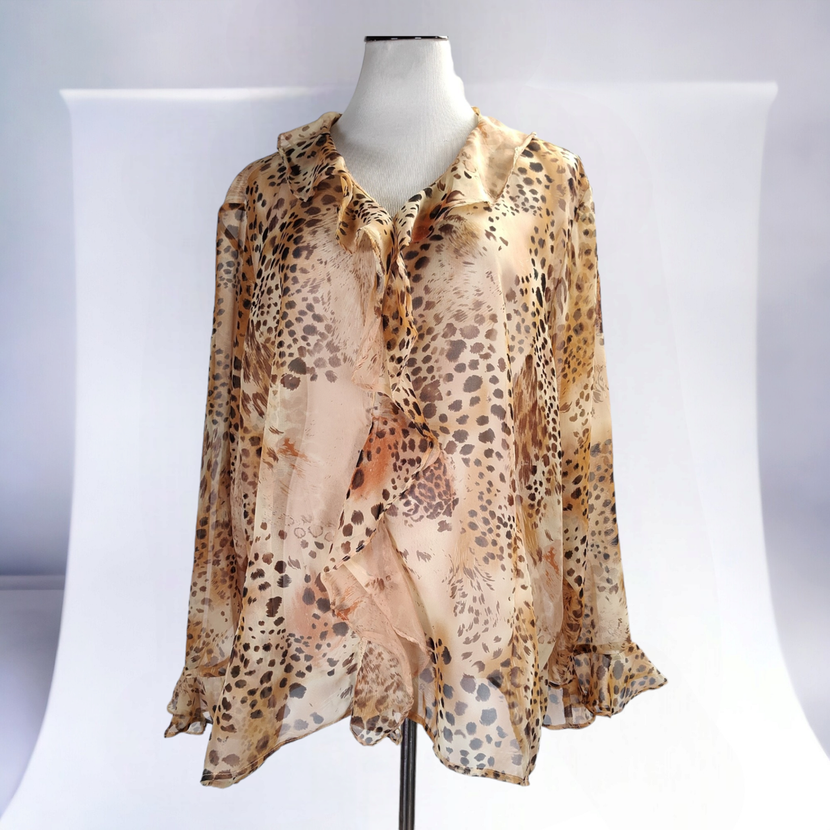 Vintage 90s Sheer Ruffle Collar Blouse Size 3X Animal Print Bell  