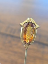 Antique Gilt & Engraved Citrine Glass stick Pin 3" Greek Goddess