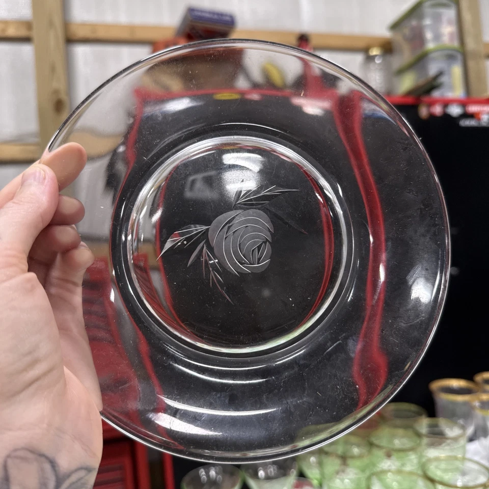 Set of 4 Vintage Fostoria Crystal ROSE ETCH Glass Salad Plates 7.5” - Image 3 of 4