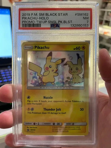 Pokemon - Pikachu Holo SM162 Promo Team Up Single Blister Promo PSA 7
