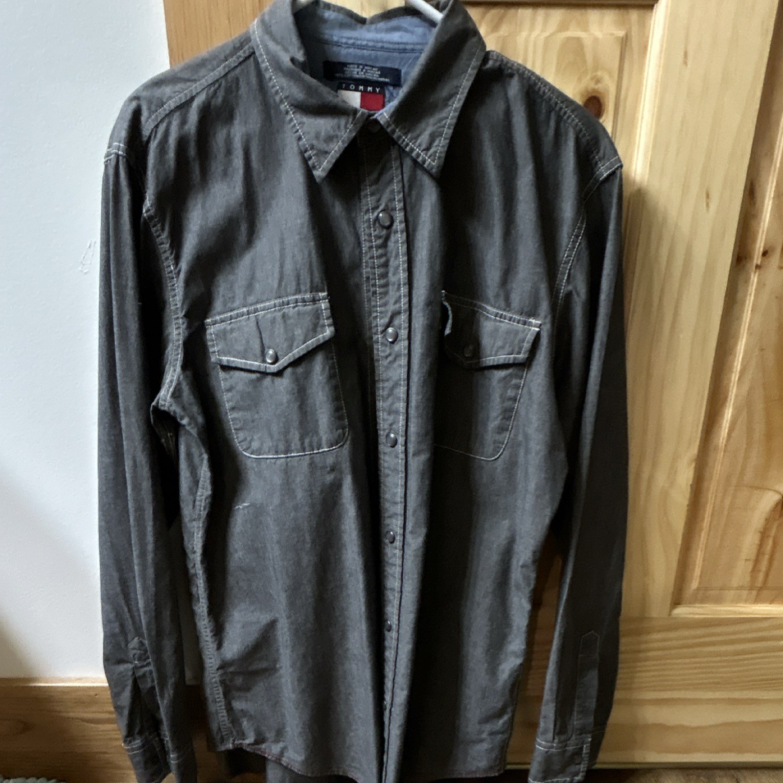 Tommy Jeans Men's L Gray Solid Denim Cotton Long Sleeve Button-Up Shirt Pockets