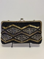 Vintage Art Deco Beaded Evening Clutch Purse Black Gold Iridescent Kiss Lock