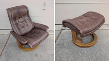 Vintage Ekornes Stressless Royal Brown Leather Lounge Arm Chair + Ottoman LARGE